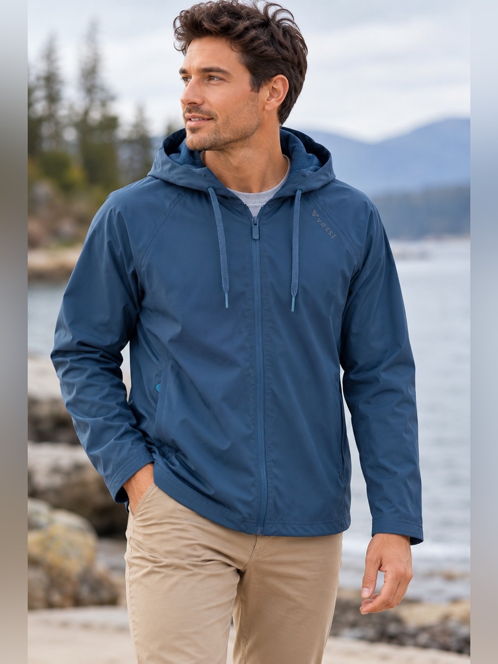 $190 Vessi Mens Coastal Hoodie Full Zip Small Blue Waterproof Rain Jacket Hooded